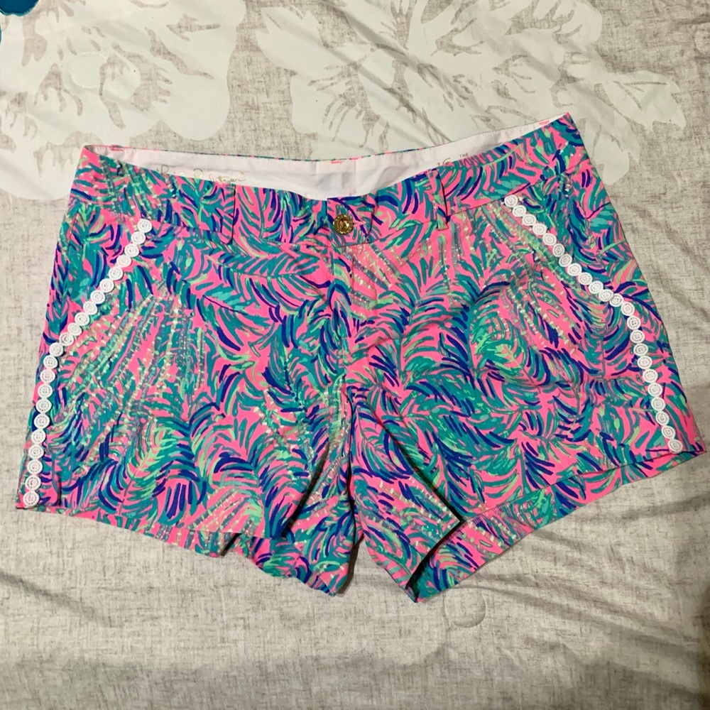 Pink and Green Bermuda Shorts with Tropical Print